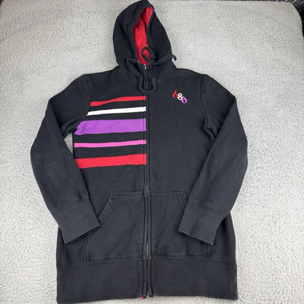686 Womens Hoodie Sweatshirt Medium Black Full Zip‎ Striped Detail Snowboard Y2k